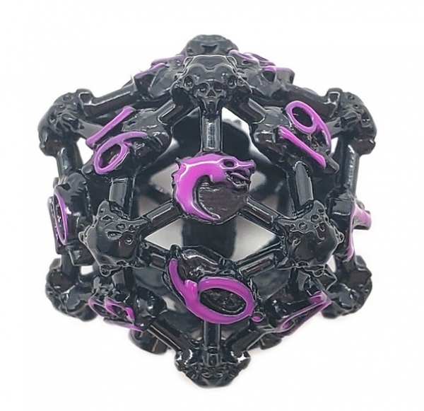 Old School Dice: Hollow Metal D20 Spindown - Skull - Black Nickel w/ Purple