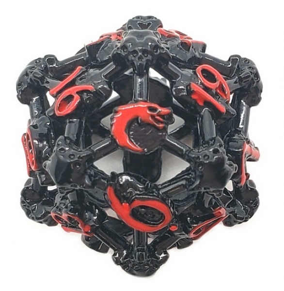 Old School Dice: Hollow Metal D20 Spindown - Skull - Black Nickel w/ Red