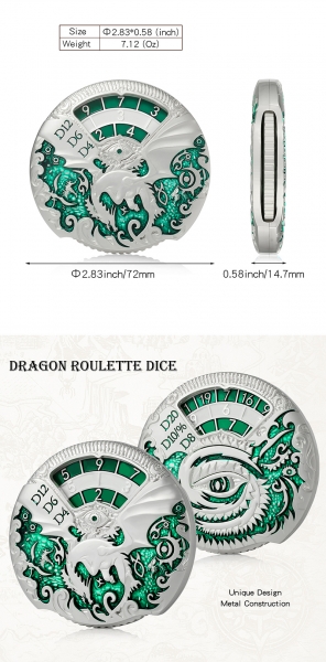 Dice Habit Dragon Roulette Dice Green and Silver (Poly Set Spinner)