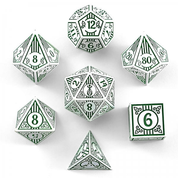 Solid Metal Bard RPG Dice Set - White w/ Green