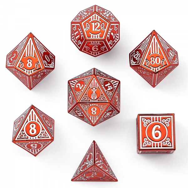 Solid Metal Bard RPG Dice Set - Red w/ White