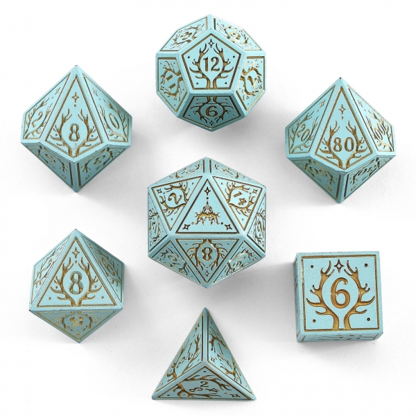 Solid Metal Druid RPG Dice Set - Cyan w/ Gold