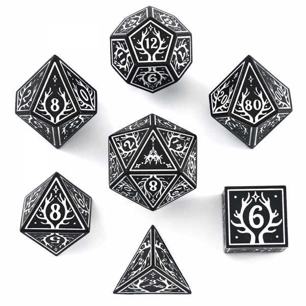 Solid Metal Druid RPG Dice Set - Black w/ White