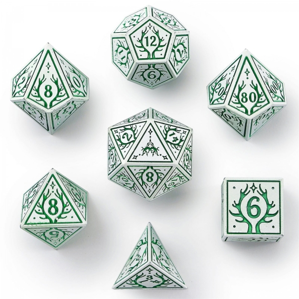 Solid Metal Druid RPG Dice Set - White w/ Green