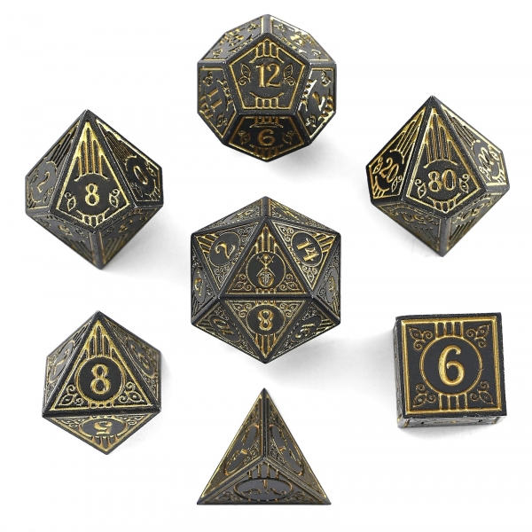 Solid Metal Bard RPG Dice Set - Matte Black w/ Gold
