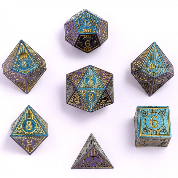 Solid Metal Bard RPG Dice Set - Glitter Blue w/ Gold