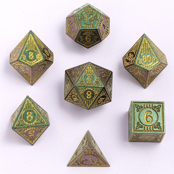 Solid Metal Bard RPG Dice Set - Glitter Green w/ Gold