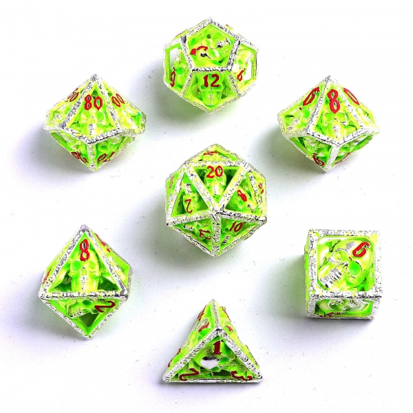 Skull's Grin Hollow Metal Dice Set - Glow in the Dark - Green