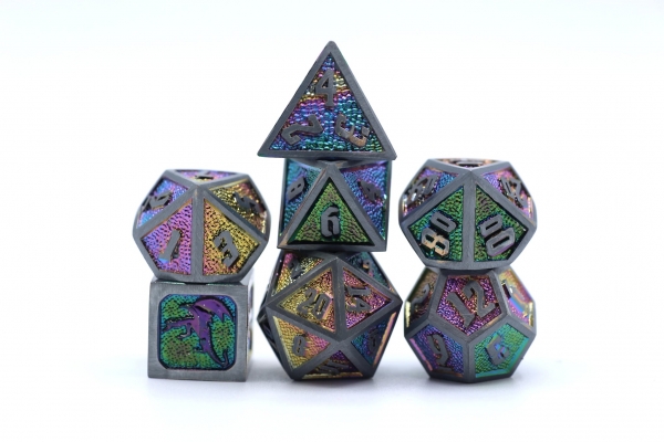 Draconis Solid Metal Polyhedral Dice set - Brushed Rainbow