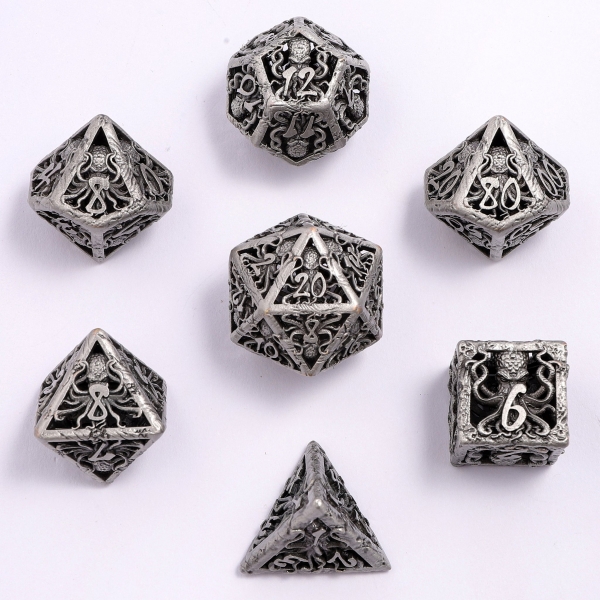 Lllithids Mind Cage Hollow Metal Dice set - Ancient Silver