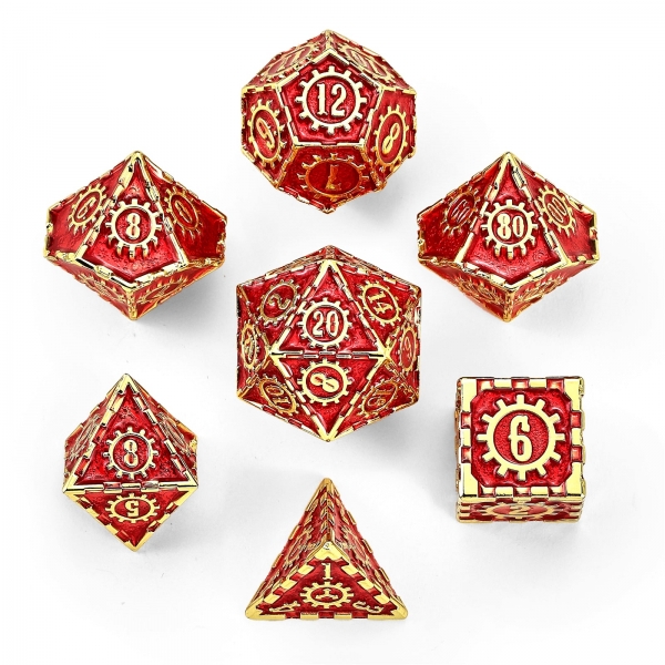 Solid Metal Cogcraft Polyhedral Dice Set - Emberforge (Gold w/ Red)