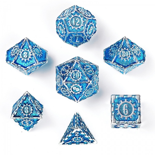 Solid Metal Cogcraft Polyhedral Dice Set - Silver w/ Blue