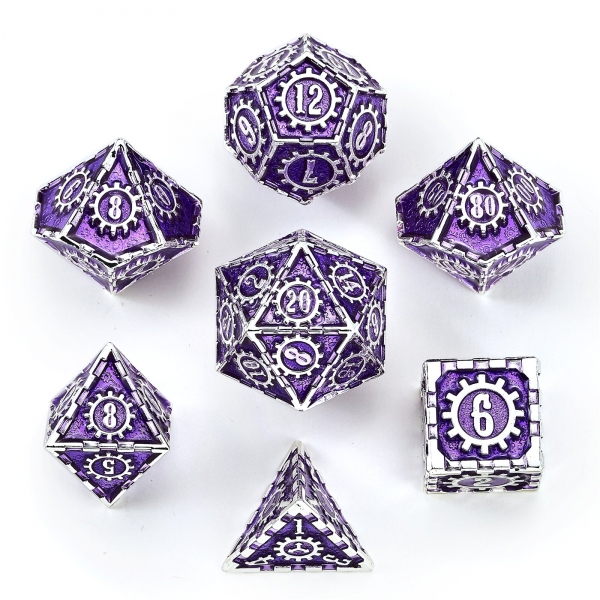 Solid Metal Cogcraft Polyhedral Dice Set - Silver w/ Purple