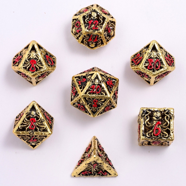 Lllithids Mind Cage Hollow Metal Dice set - Gold w/ Red