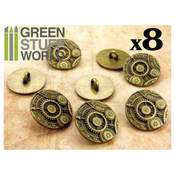 Green Stuff World: 8x Steampunk Buttons GEARS MECHANISM - Antique Gold