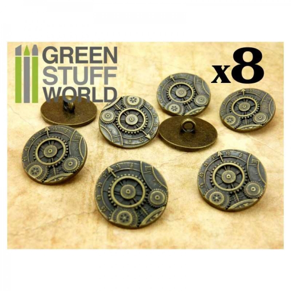Green Stuff World: 8x Steampunk Buttons GEARS MECHANISM - Bronze