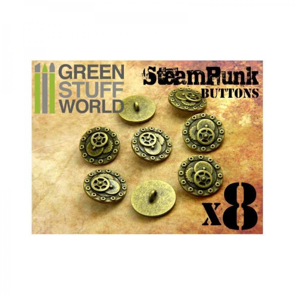 Green Stuff World: 8x Steampunk Buttons BOLTS and GEARS - Antique Gold