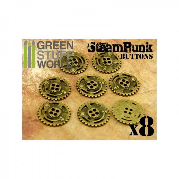Green Stuff World: 8x Steampunk Buttons SPROCKET GEARS - Antique Gold