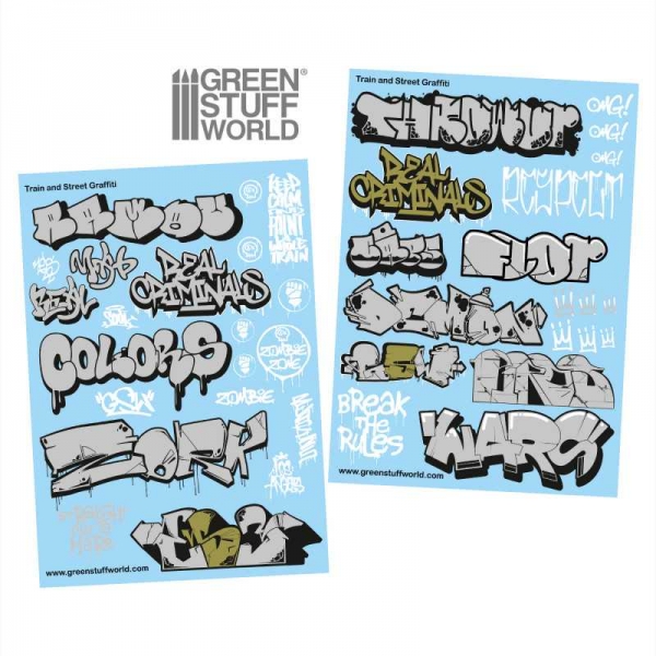 Green Stuff World: Waterslide Decals - Train and Graffiti Mix - Silver and Gold