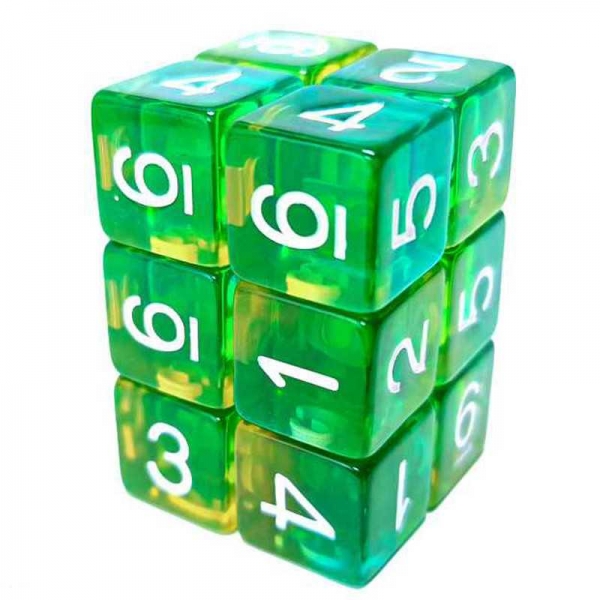 Green Stuff World: 12x D6 16mm Dice - Clear Green/Yellow