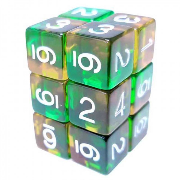 Green Stuff World: 12x D6 16mm Dice - Clear Orange/Green