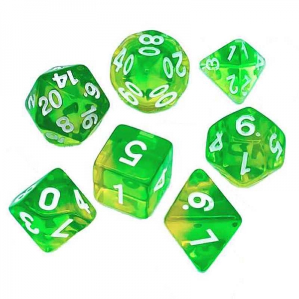 Green Stuff World: 7x Mix 16mm Dice - Clear Green/Yellow