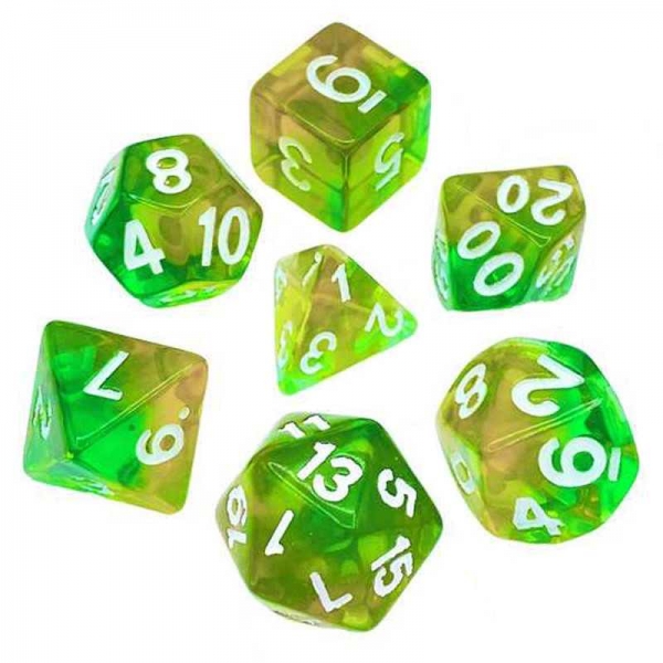 Green Stuff World: 7x Mix 16mm Dice - Clear Orange/Green
