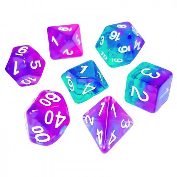 Green Stuff World: 7x Mix 16mm Dice - Clear Turquoise/Purple
