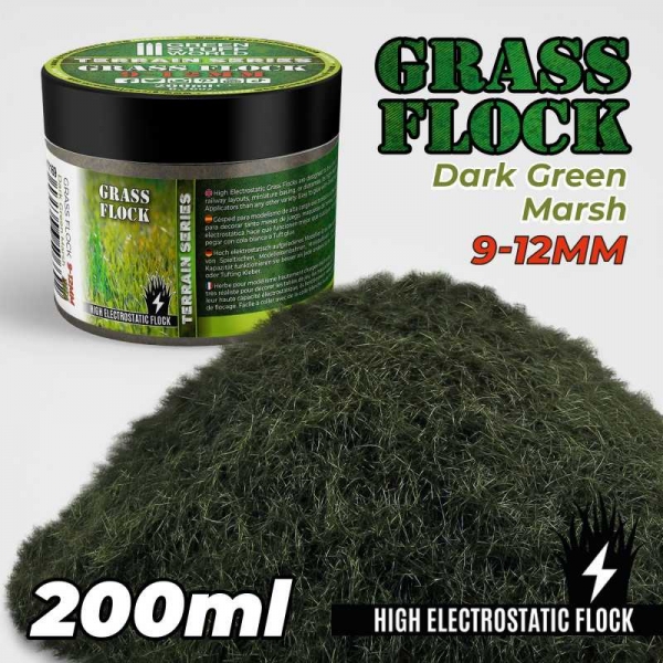 Green Stuff World: Static Grass Flock 9-12mm - DARK GREEN MARSH - 200 ml