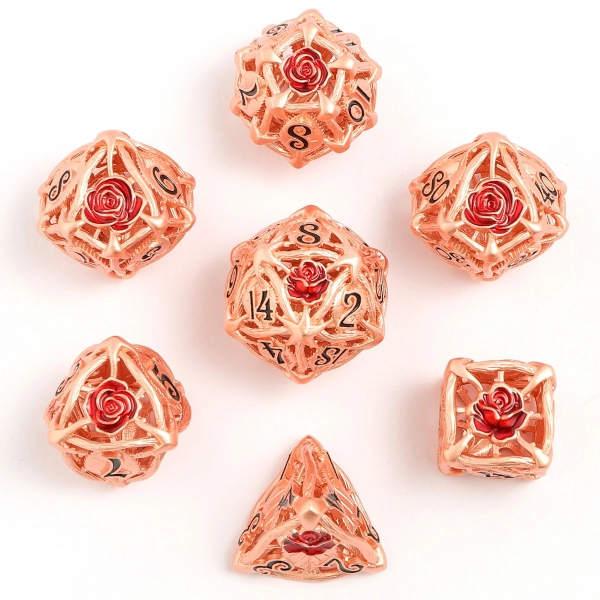 Hollow Metal Rose Dice Set - Rose gold w/Red