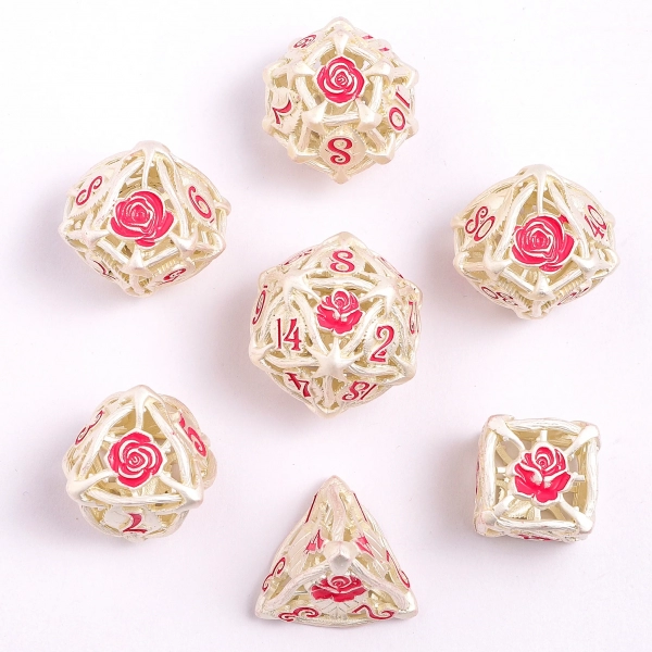 Hollow Metal Rose Dice Set - Matt Silver w/Pink