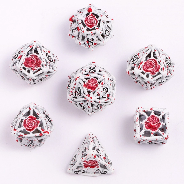 Hollow Metal Rose Dice Set - White w/Blood Splatter