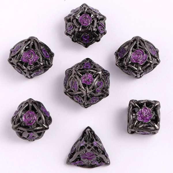 Hollow Metal Rose Dice Set - Gunmetal w/Purple