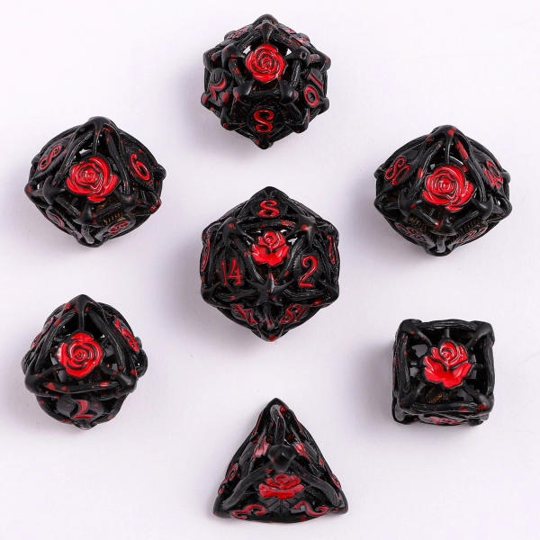 Hollow Metal Rose Dice Set - Black w/Blood Splatter
