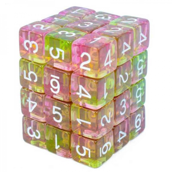 Green Stuff World: 36x D6 12mm Dice - Clear Lime and Pink