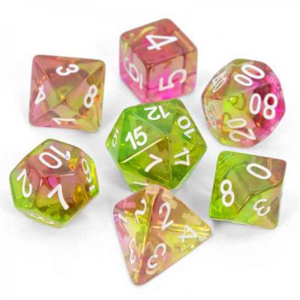 Green Stuff World: 7x Mix 16mm Dice - Clear Lime and Pink