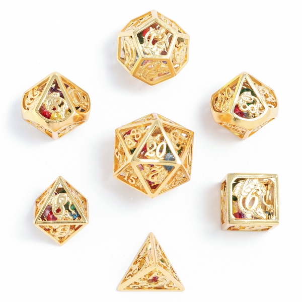 Hollow Metal Dragon Dice Set filled with gems - 24k gold plated