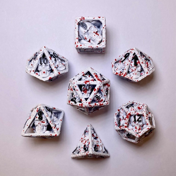 Skulls Grin Hollow Metal Dice Set - White w/Blood Splatter