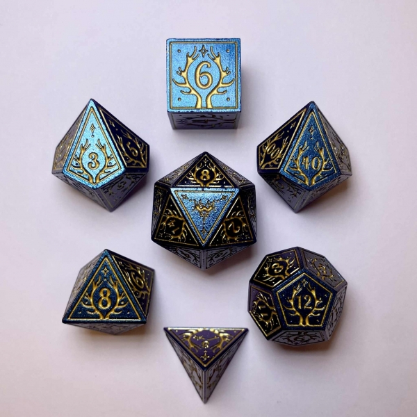 Metal Druid RPG Dice Set - Glitter Blue w/Gold