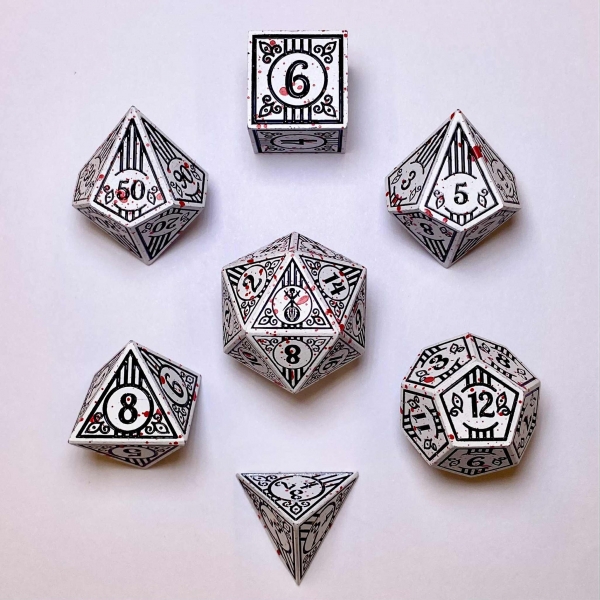 Metal Bard RPG Dice Set - White w/Blood Splatter