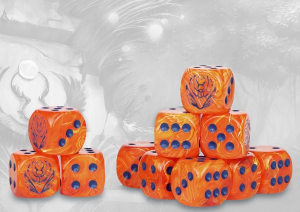 Conquest: Weaver Courts Logo on Peach Marbled Dice with Navy Blue Pips- 24 per pack