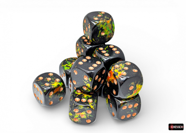 Chessex 16mm d6 Dice Cube: Brush Series - Deep Forest/Gold (12)