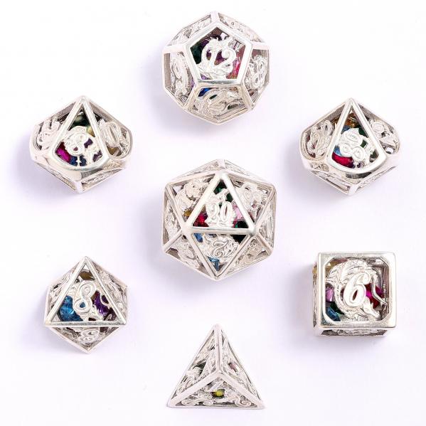 Hollow Dragon Dice Set filled with gems - Sterling Silver