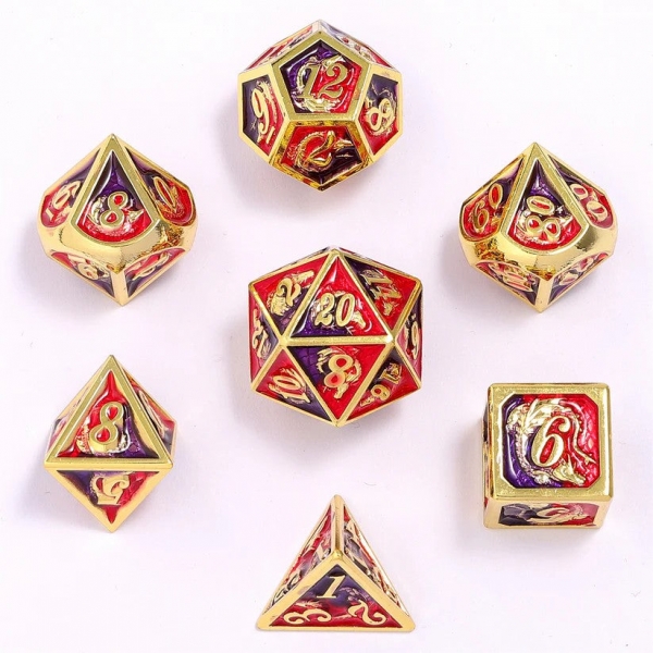 Solid Metal Dragon Dice - gold w/Red & Purple