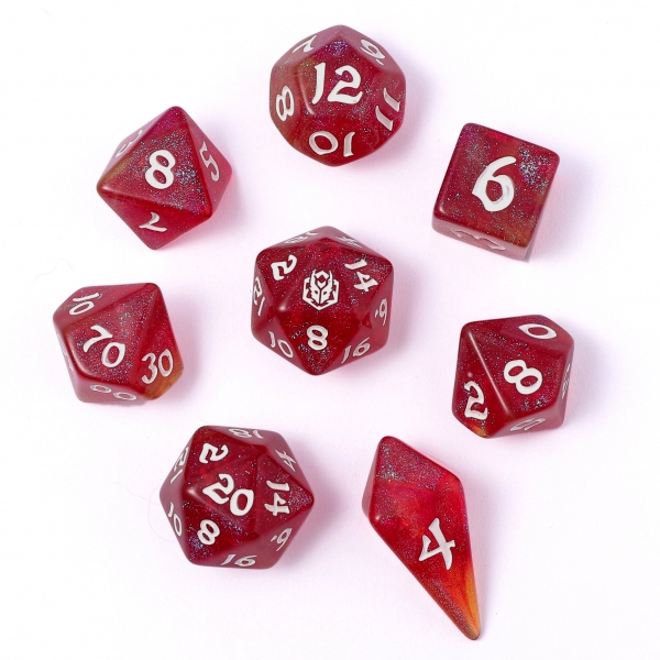Wyrmforged Rollers - Rounded Edge 8 Piece Polyhedral Dice set - Infernal Spark