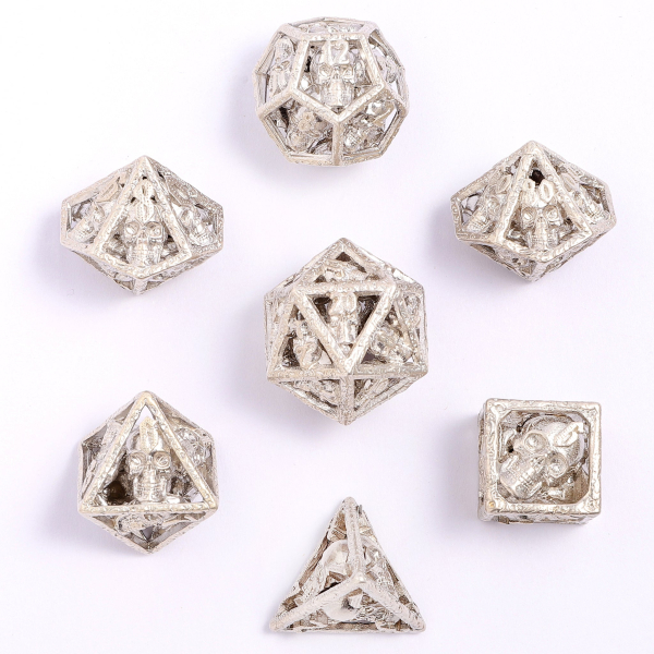 Skulls Grin Hollow Metal Dice Set - Sterling Silver