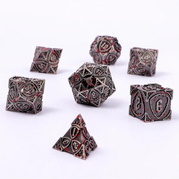 Solid Metal Fighter Dice Set - Ancient Silver w/Blood Splatter