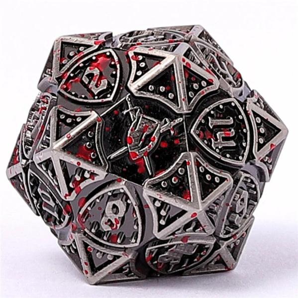 Solid Metal Fighter Dice Set - Ancient Silver w/Blood Splatter
