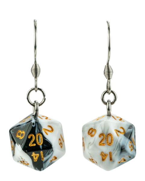 Metallic Dice: D20 Dice Earrings: Marble Black/White w/ Gold