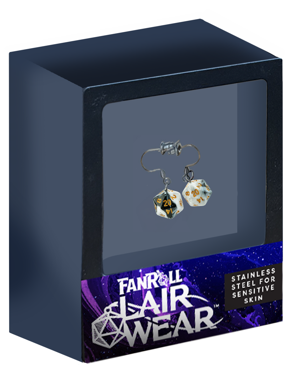 Metallic Dice: D20 Dice Earrings: Marble Black/White w/ Gold